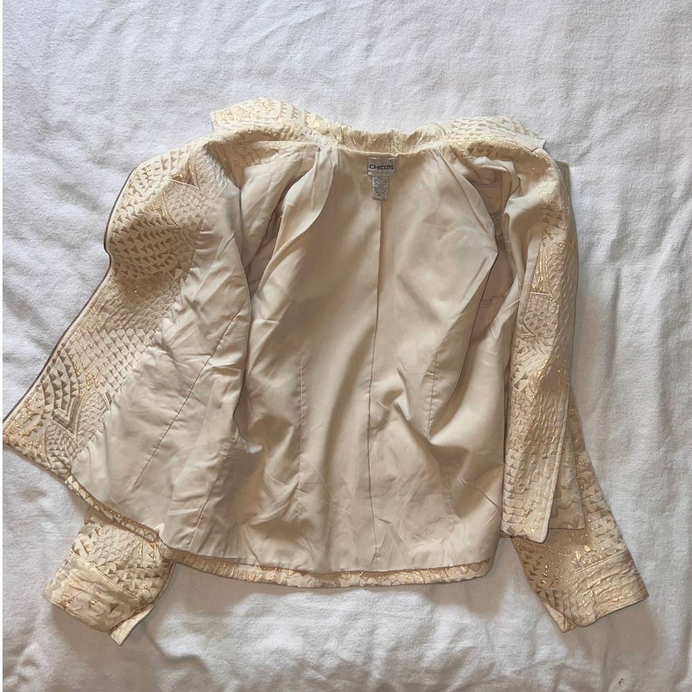 Chico's Cream/Gold Metallic Textured Lined Biker Jacket- 1(M) - Picture 5 of 13